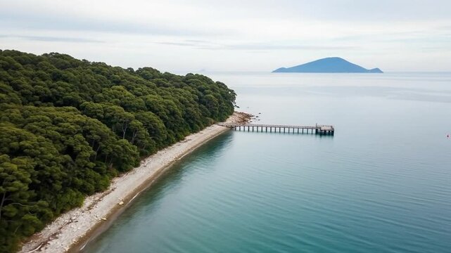 Aerial view of a remote island coastline with lush green forest, pebble beach, and a distant pier.