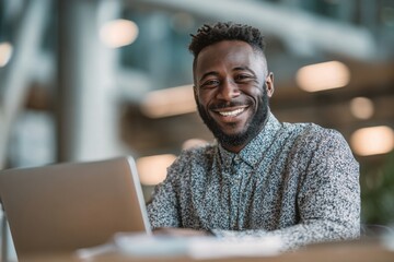 Confident businessman smiling while working on laptop