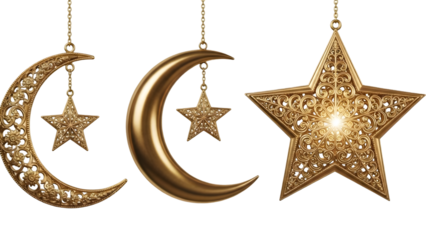 Golden star and moon ornaments hanging on a string isolated on transparent background