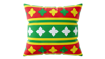Decorative Pillow with Geometric Pattern in Red, Green, Yellow, and White