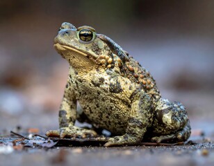 Obraz premium Close-up view of a brown amphibian with textured skin, observing