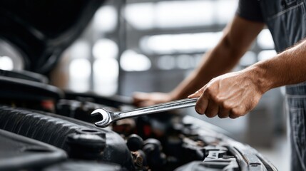 Obraz premium Close-up of auto mechanic using a wrench to work on a car engine in a professional service garage or workshop.
