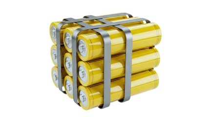 Stack of Yellow AA Batteries Held Together by Metal Straps