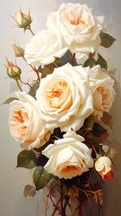 Softly painted roses in full bloom, peach centers, a delicate bouquet in muted vintage tones and gentle light
