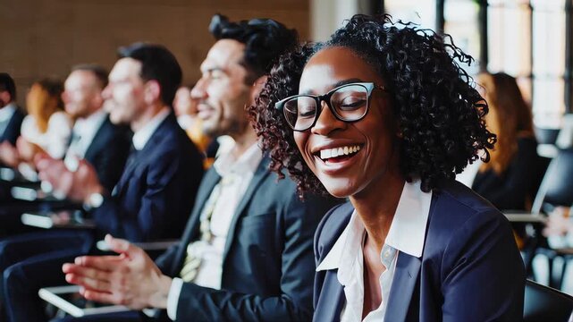 diverse group of professionals sitting in a row, smiling and clapping, focus on a cheerful woman with curly hair and glasses in the foreground, blurred background