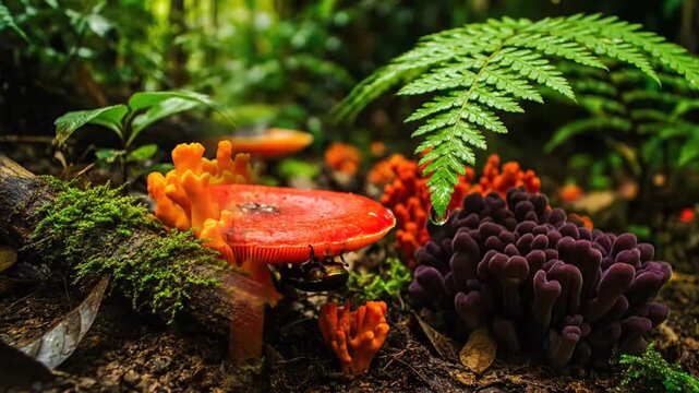 Artificial intelligence generated image of vibrant fungi and plants thriving in a lush forest environment from a close-up viewpoint