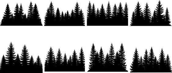 Eight black silhouettes of coniferous tree clusters, forest shapes, natural foliage, scenic layout – flavector © Emon