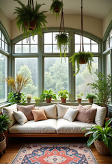 Fototapeta premium bohemian style sunroom interior, cream floor sofa, macrame fern planters, arched windows with sunlight, 8k