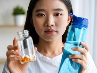 Young Woman Holding Supplements and Water Bottle - Healthy Lifestyle