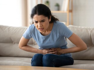 Woman Experiencing Stomach Pain While Sitting on a Sofa