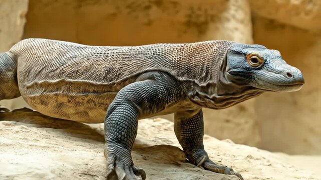 Komodo dragon reptile walking across textured surface displaying detailed scales