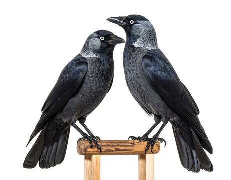 Two european jackdaws perched on a wooden stand against a white background