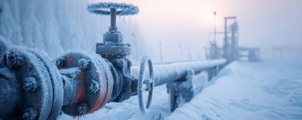 Frozen industrial pipeline valve covered with frost in cold winter landscape with snow and fog