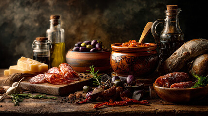 Rustic Italian Appetizer Spread with Salami Olives and Crusty Bread.