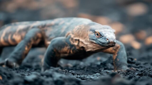 Komodo dragon walking across dark textured ground detailed close up