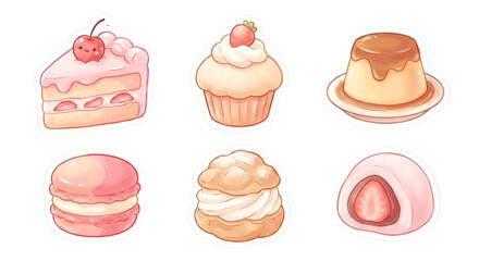 Vector illustration set of cute cartoon cakes and sweet chocolate cupcakes isolated for a delicious birthday bakery decoration