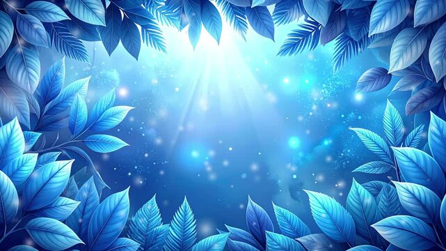 青色の葉のフレーム　光が流れる5秒ループアニメーション　AI生成素材