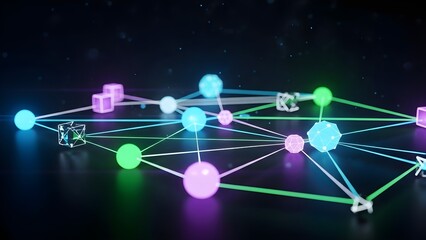 Abstract 3D illustration of a futuristic blockchain network with glowing connected nodes and digital light effects on a dark background.