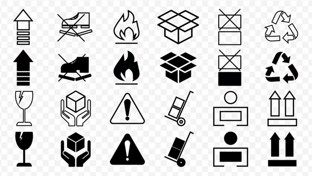 Collection of black and white shipping and handling symbols on a transparent background icon logistic