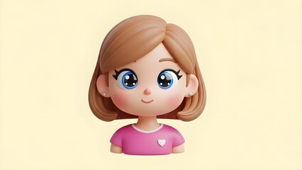 Beautiful girl avatar with big blue eyes, brown hair, and pink clothes with heart icon.