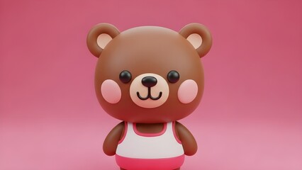 3D character of a brown bear dressed in a white-pink tracksuit with a friendly and innocent facial expression.