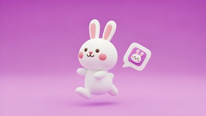 A cute white 3D rabbit character is jumping on a purple background. It has pink cheeks and a chat bubble bunny icon beside it. The design is minimalist and adorable.