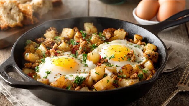 Skillet breakfast hash with eggs, potatoes and vegetables on rustic wooden table. Savory turkey breakfast hash with potatoes and eggs in a cast iron skillet, hearty breakfast meal