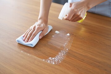 Hands Cleaning Wooden Table with Spray and Cloth