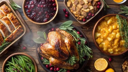 Traditional Thanksgiving dinner with roast turkey, sides and herbs on rustic table. classic Thanksgiving meal theme