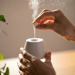 Woman Adding Essential Oils to Ultrasonic Aromatherapy Diffuser