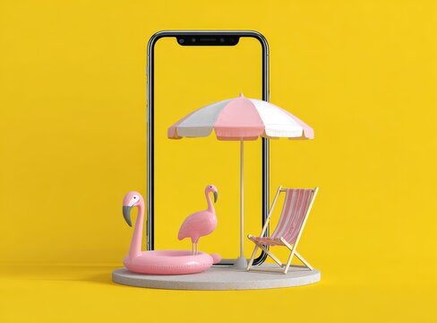 Summer Holiday on Mobile: A sunny scene of holiday setup on mobile phone screen, featuring a flamingo inflatable, sun umbrella and a sun bed on the yellow background to promote summer holiday. 