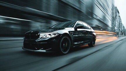 Fototapeta premium Sleek black car in motion captured with motion blur, driving fast along a multilane city road with dramatic lighting.