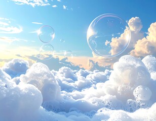 Bubbles float above a puffy foam landscape, reaching towards a bright blue and partially cloudy sky