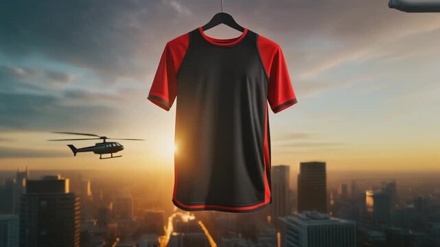 A black and red t-shirt hanging on a hanger against a cityscape at sunset with a helicopter flying in the background