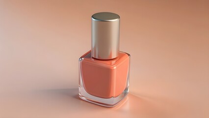 Clear nail polish bottle with silver metallic cap, glossy reflections, professional studio lighting, luxury cosmetic product isolated on warm pastel background.