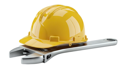 Yellow Hard Hat Resting on an Adjustable Wrench