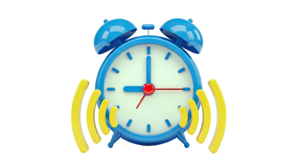 Blue alarm clock with ringing sound waves