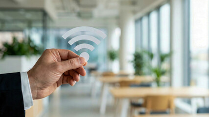 Business planning concept for high level office wifi network connection symbol held by hand in modern workspace