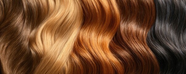 Fototapeta premium Shades of Hair: A spectrum of hair colors cascade in a flowing arrangement, showcasing a range of tones and textures from light blonde to dark brunette.