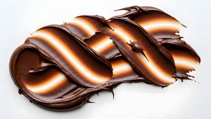 Thick, rich swirls of dark chocolate spread create an artistic textured pattern on a clean white background