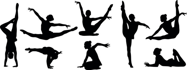 Graceful ballet dancer silhouettes collection showing flexibility, balance and artistic movement, professional female performers in elegant poses isolated on white background illustration © Jomila