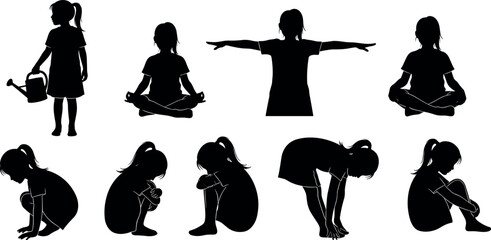 Little girl silhouettes set showing meditation yoga emotions gardening sitting bending childhood activities vector illustration collection