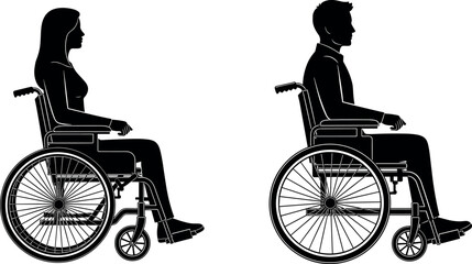 Male and female wheelchair users silhouette side view, disability accessibility concept, inclusive lifestyle, mobility assistance, isolated black vector illustration