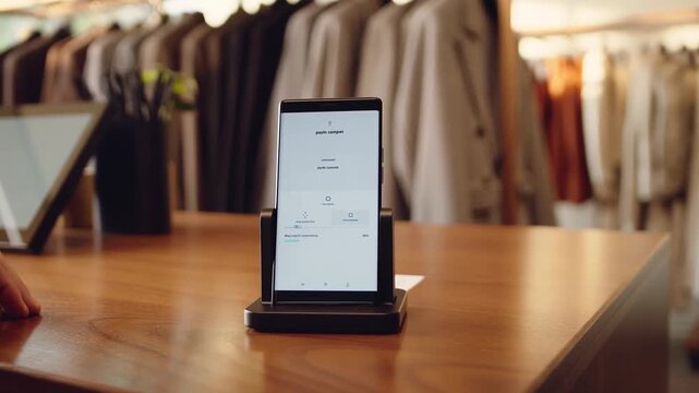 Modern Retail Environment Featuring a Payment Terminal and Stylish Clothing Displayed in the Background, Emphasizing Seamless Transactions and Customer Experience