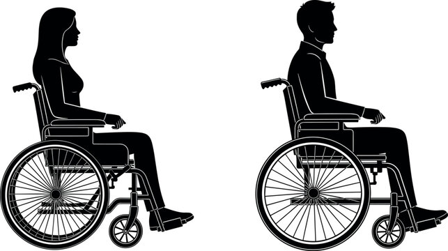 Male and female wheelchair users silhouette side view, disability accessibility concept, inclusive lifestyle, mobility assistance, isolated black vector illustration