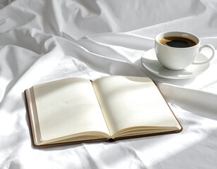 Fototapeta premium A serene still life of an open book and coffee cup on a rumpled white bed sheet