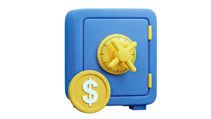 3D Blue Safe with Gold Coin and Dollar Symbol
