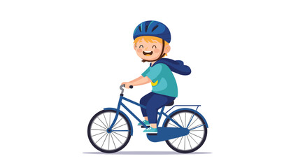 Fototapeta premium Cheerful young boy with blond hair riding a blue bicycle while wearing a protective helmet and a small cape on a white background.