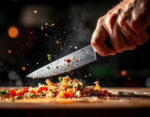 A person's hand holding a knife, chopping colorful vegetables on a wooden cutting board