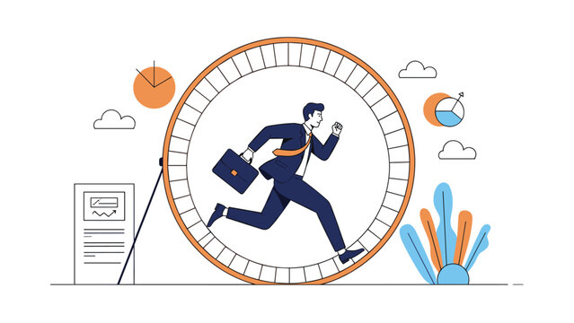 Stressed businessman in a suit running inside a giant hamster wheel with business charts and clocks illustrating the corporate rat race.